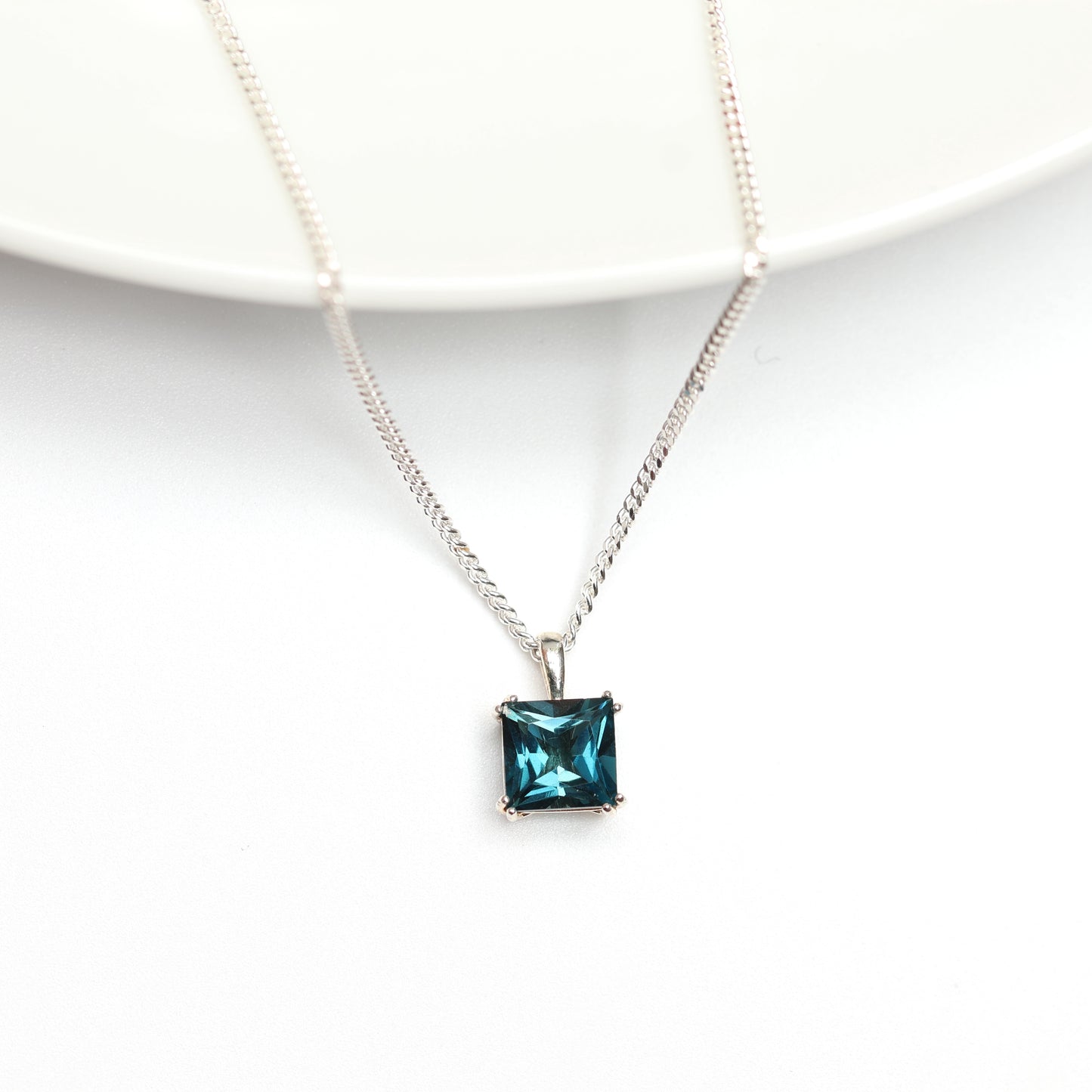 6mm Square Natural London Blue Topaz 925 Sterling Silver Pendant Necklace - December Birthstone