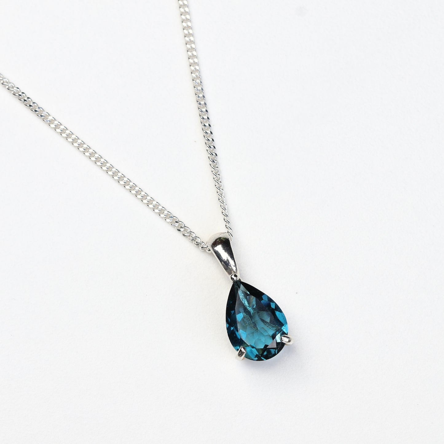 10x7mm Natural London Blue Topaz Teardrop Sterling Silver Pendant Necklace - December Birthstone