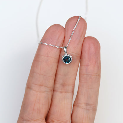 6mm Natural London Blue Topaz Sterling Silver Round Pendant Necklace - December Birthstone