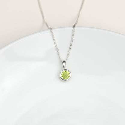 6mm Natural Peridot Sterling Silver Round Pendant Necklace - August Birthstone