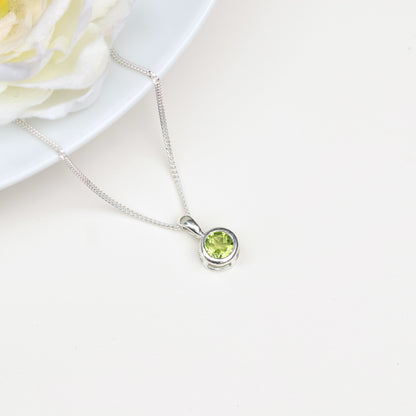 6mm Natural Peridot Sterling Silver Round Pendant Necklace - August Birthstone