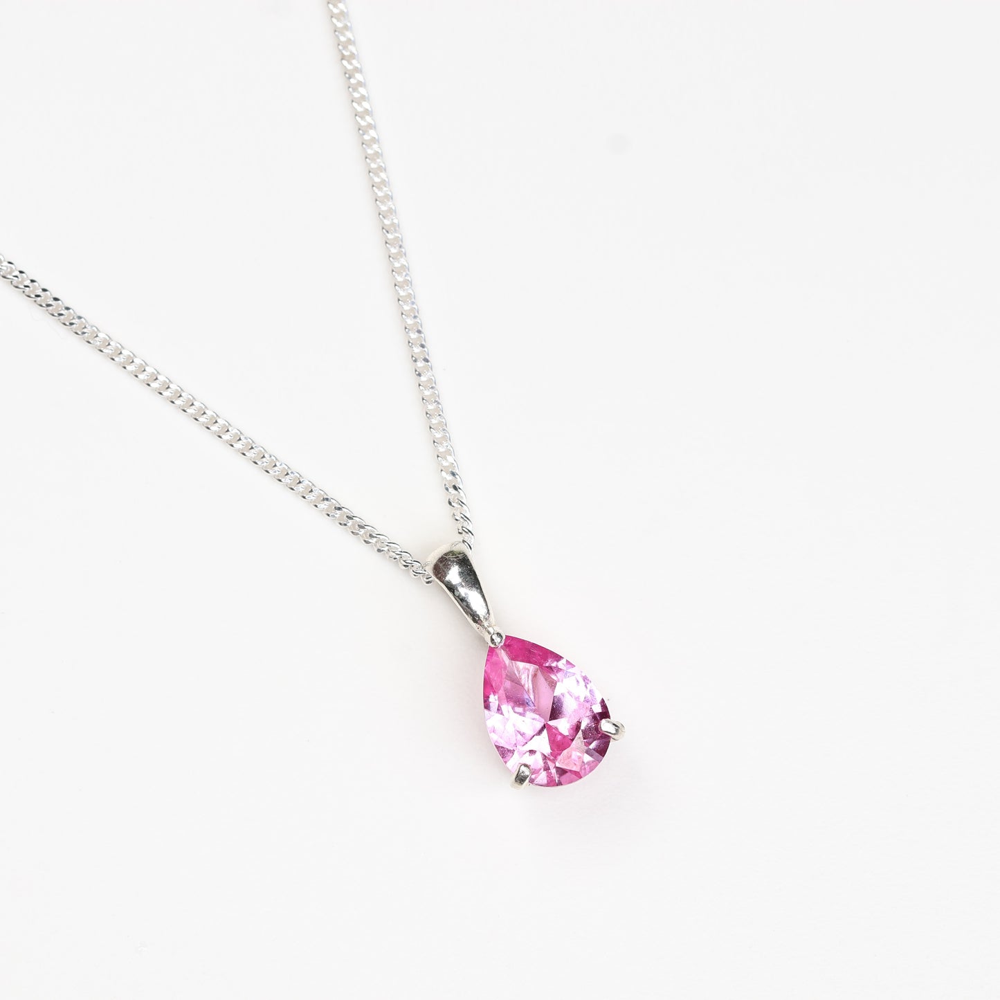 10x7mm Lab-Grown Pink Sapphire Teardrop Sterling Silver Pendant Necklace