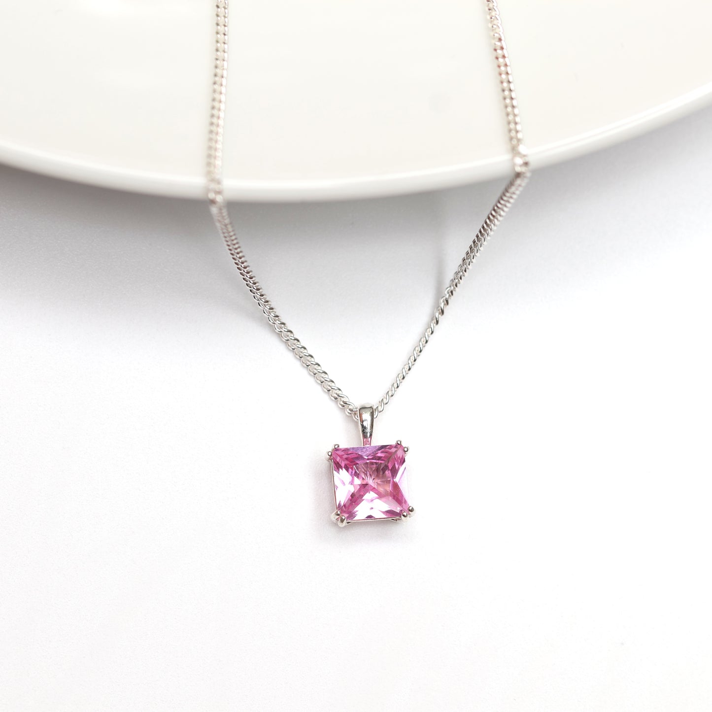 6mm Square Lab-Grown Pink Sapphire Sterling Silver Pendant Necklace - September Birthstone
