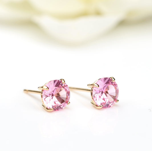 6mm Round Lab-Grown Pink Sapphire 9ct Yellow Gold Stud Earrings - September Birthstone