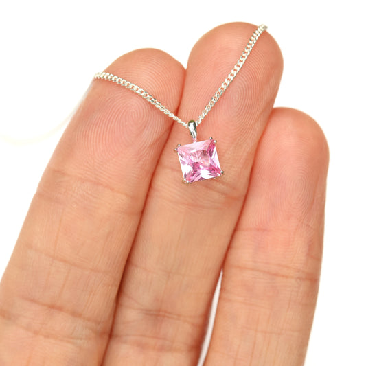 6mm Square Lab-Grown Pink Sapphire Sterling Silver Pendant Necklace - September Birthstone