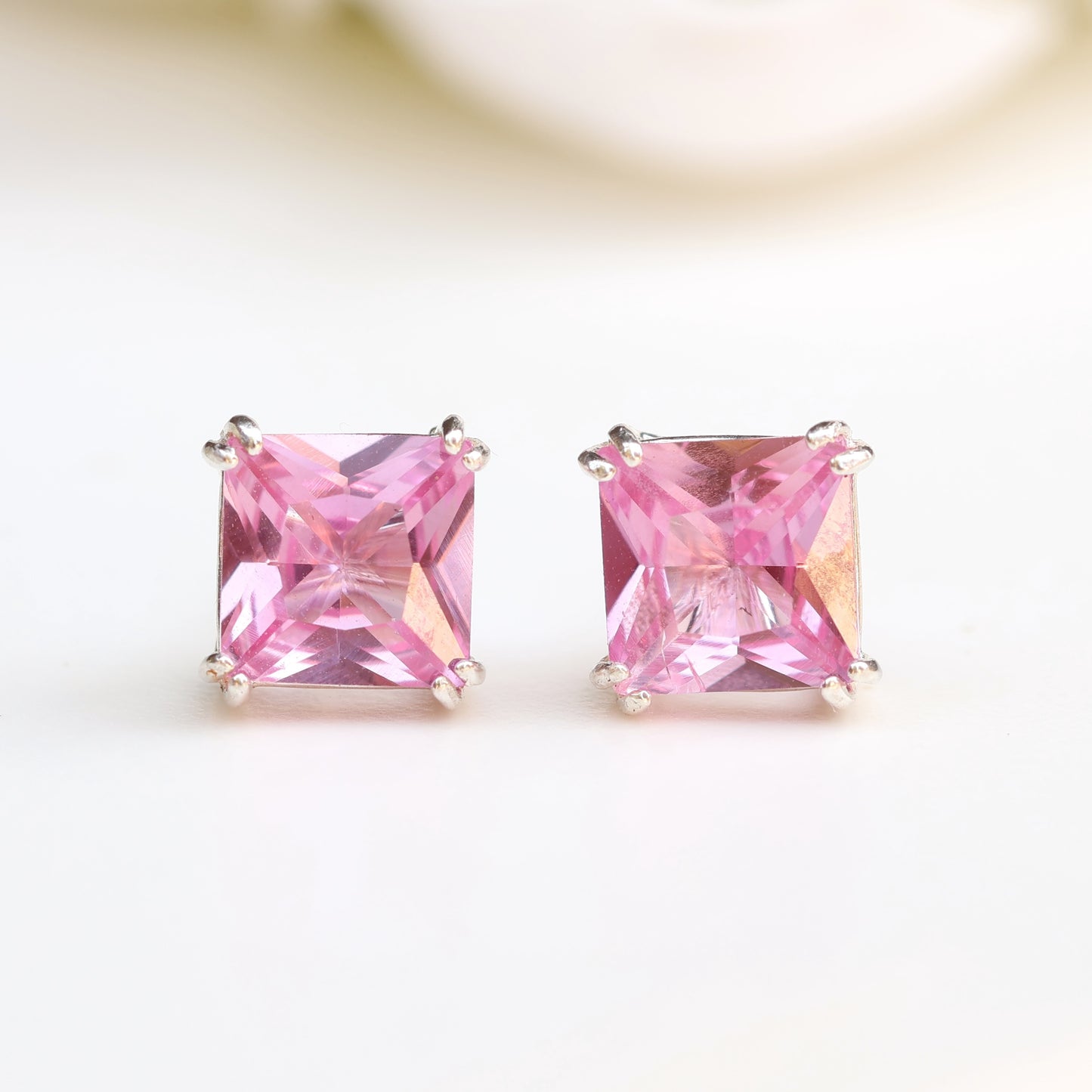 6mm Lab-Grown Pink Sapphire Sterling Silver Square Stud Earrings - September Birthstone