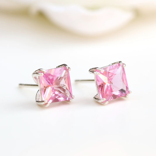 6mm Lab-Grown Pink Sapphire Sterling Silver Square Stud Earrings - September Birthstone
