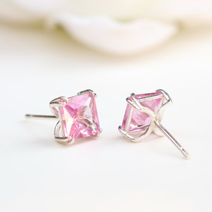 6mm Lab-Grown Pink Sapphire Sterling Silver Square Stud Earrings - September Birthstone