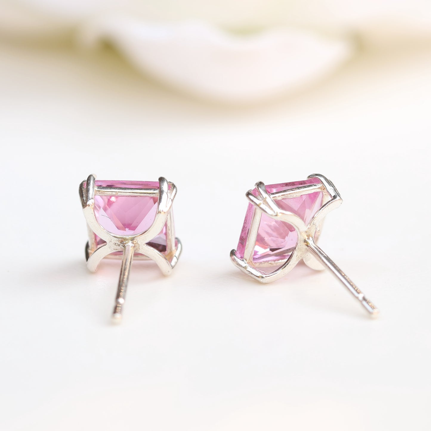 6mm Lab-Grown Pink Sapphire Sterling Silver Square Stud Earrings - September Birthstone