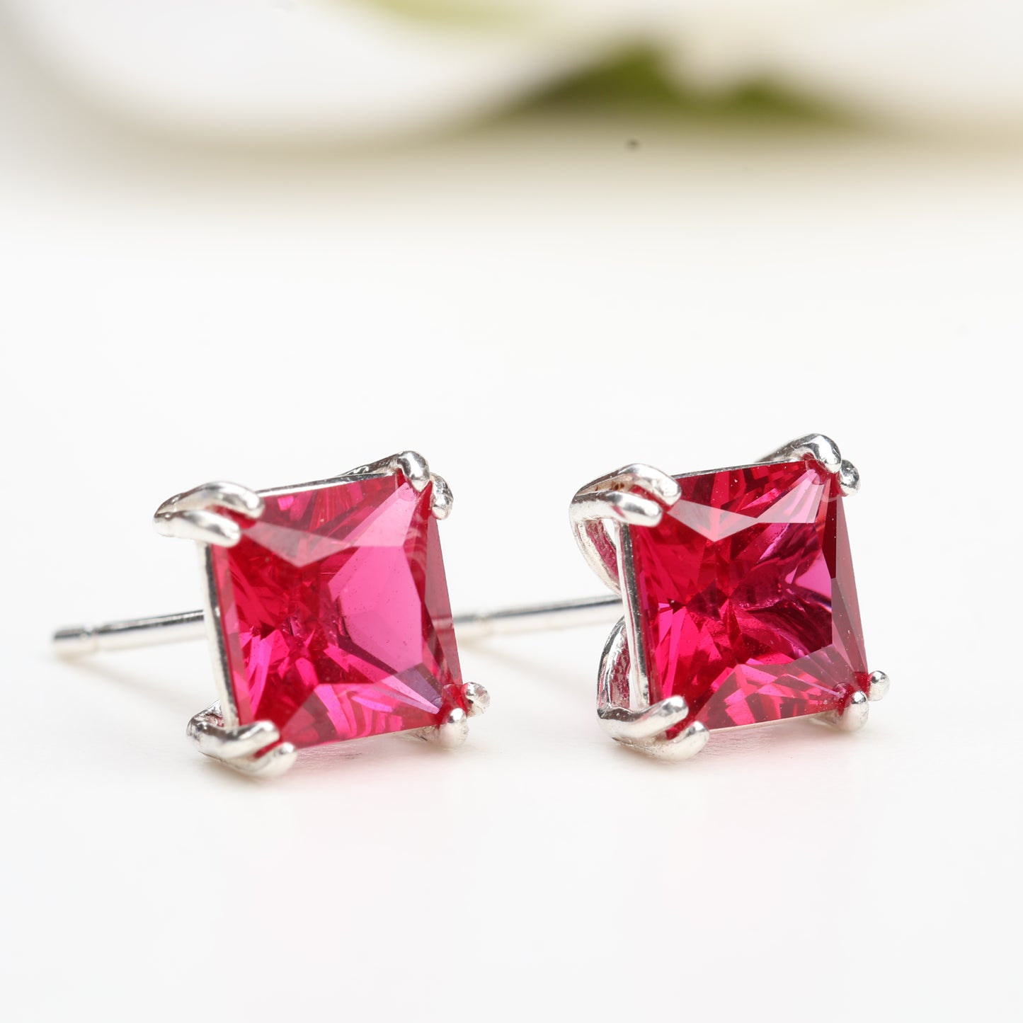 6mm Lab-Grown Ruby Sterling Silver Square Stud Earrings - July Birthstone