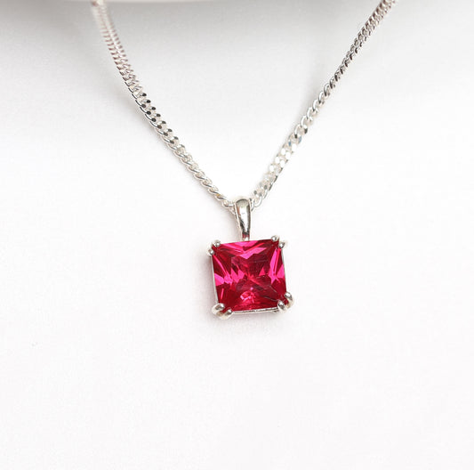 6mm Lab-Grown Ruby Square Sterling Silver Pendant Necklace - July Birthstone
