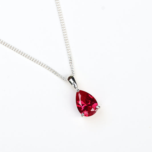 10x7mm Lab-Grown Ruby Teardrop Sterling Silver Pendant Necklace - July Birthstone