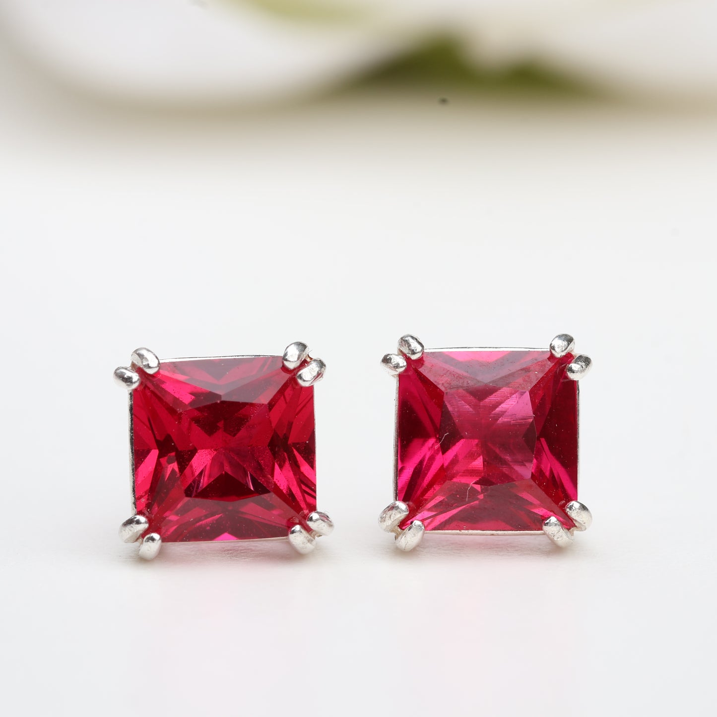 6mm Lab-Grown Ruby Sterling Silver Square Stud Earrings - July Birthstone