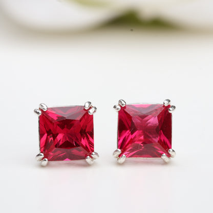 6mm Lab-Grown Ruby Sterling Silver Square Stud Earrings - July Birthstone