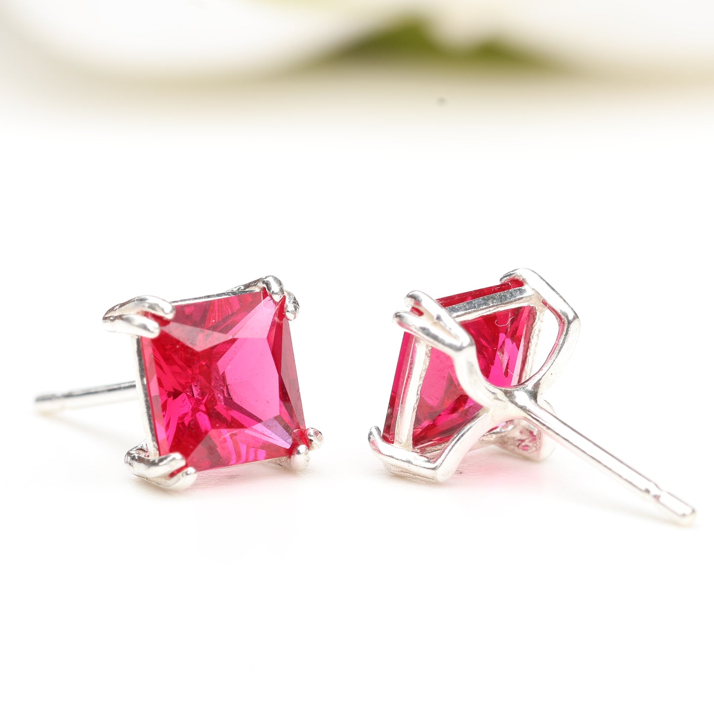 6mm Lab-Grown Ruby Sterling Silver Square Stud Earrings - July Birthstone