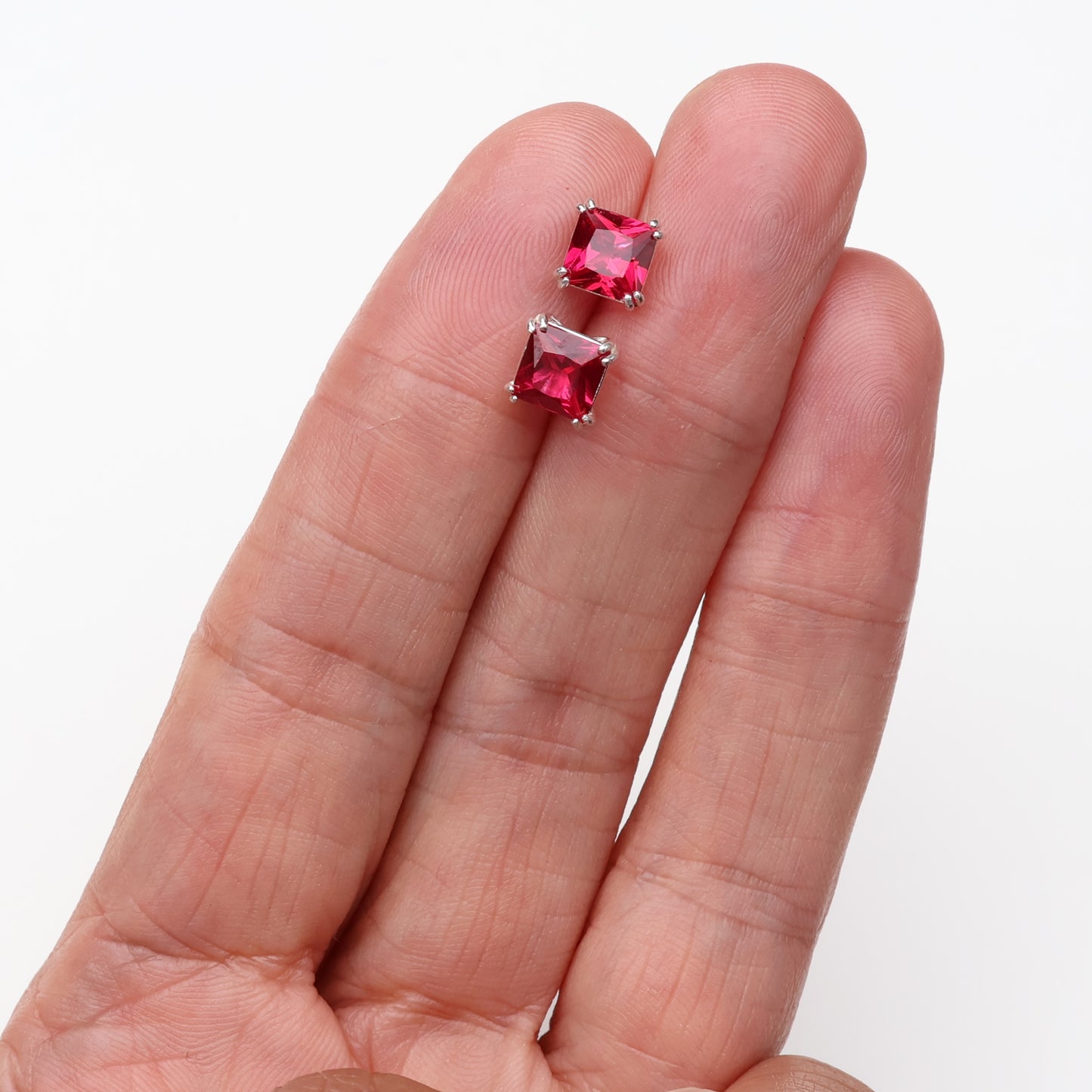 6mm Lab-Grown Ruby Sterling Silver Square Stud Earrings - July Birthstone