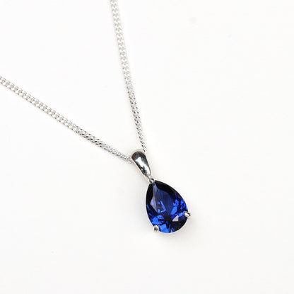 10x7mm Lab-Grown Sapphire Teardrop Sterling Silver Pendant Necklace - September Birthstone