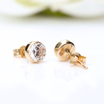 Luxury Grade AAA Cubic Zirconia Bezel Stud Earrings in 925 Silver & 9ct Gold