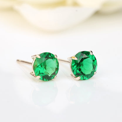6mm Lab-Grown Emerald 925 Sterling Silver Round Stud Earrings - May Birthstone