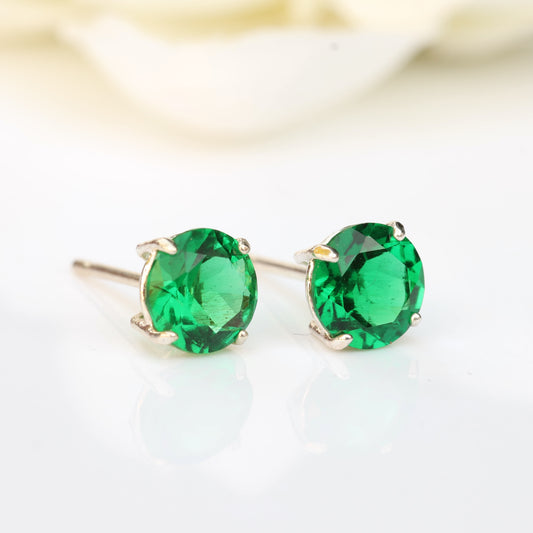 6mm Lab-Grown Emerald 925 Sterling Silver Round Stud Earrings - May Birthstone