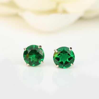 6mm Lab-Grown Emerald 925 Sterling Silver Round Stud Earrings - May Birthstone