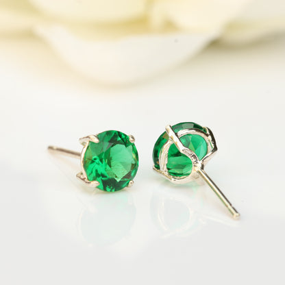 6mm Lab-Grown Emerald 925 Sterling Silver Round Stud Earrings - May Birthstone