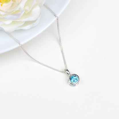 6mm Natural Swiss Blue Topaz Sterling Silver Round Pendant Necklace - November Birthstone
