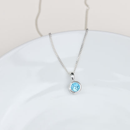 6mm Natural Swiss Blue Topaz Sterling Silver Round Pendant Necklace - November Birthstone