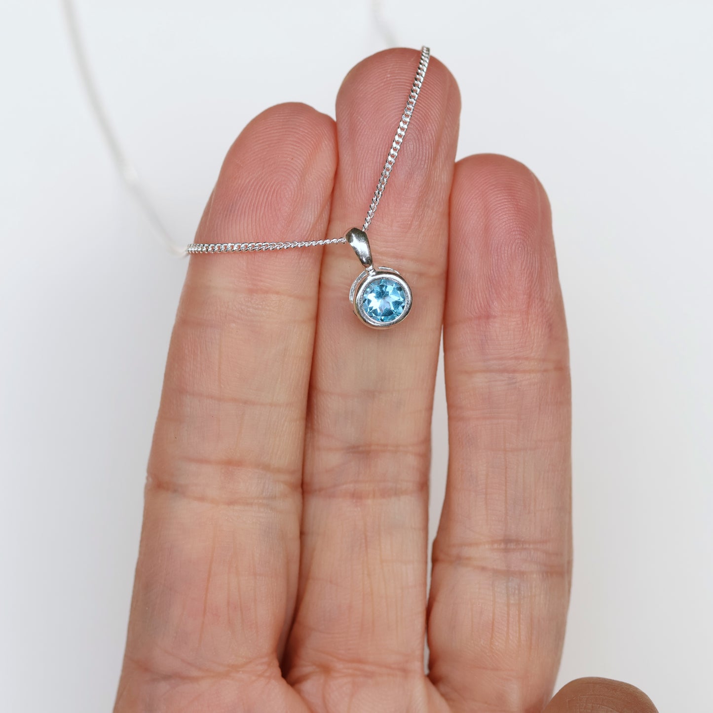 6mm Natural Swiss Blue Topaz Sterling Silver Round Pendant Necklace - November Birthstone