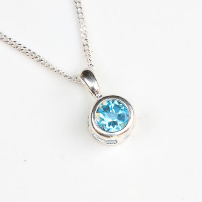 6mm Natural Swiss Blue Topaz Sterling Silver Round Pendant Necklace - November Birthstone