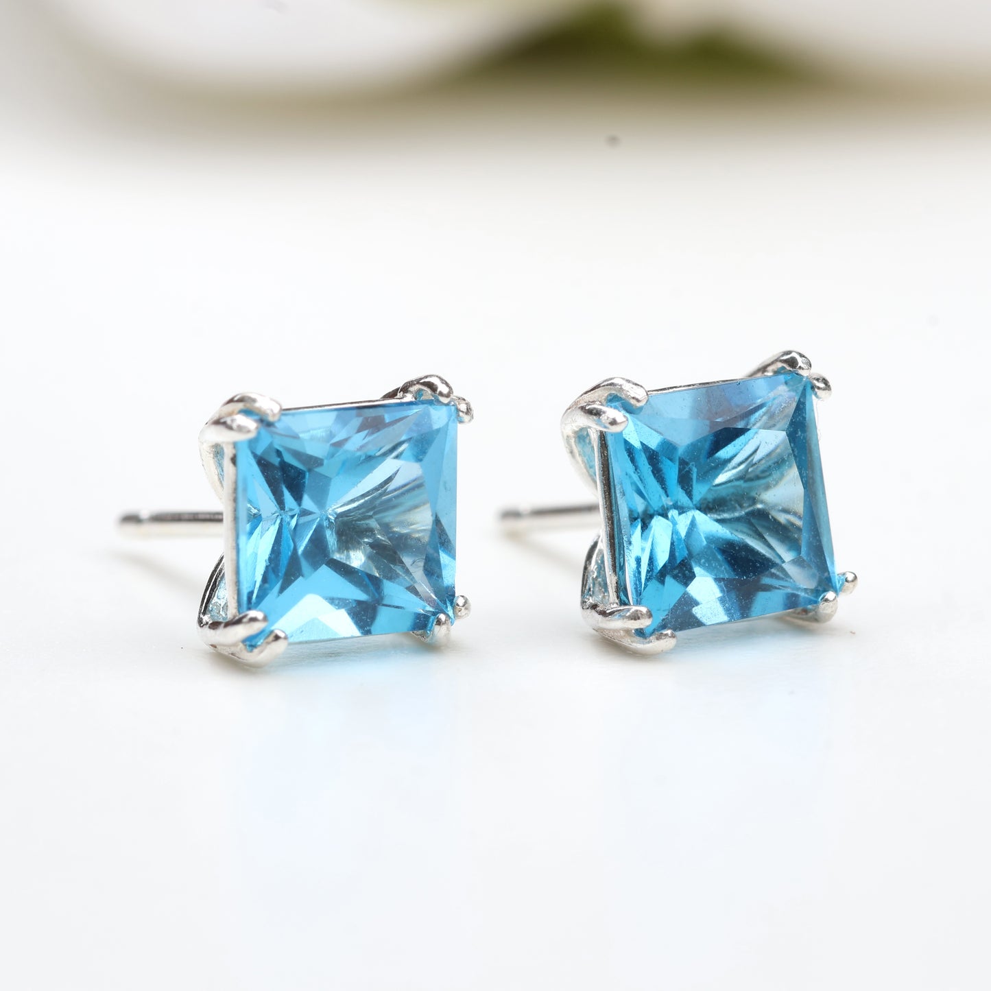 6mm Natural Swiss Blue Topaz Sterling Silver Square Stud Earrings - December Birthstone