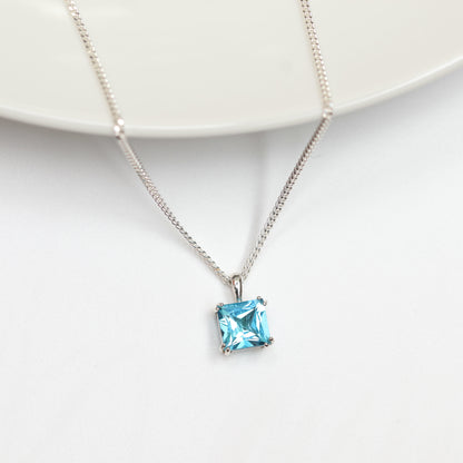 6mm Natural Swiss Blue Topaz 925 Square Sterling Silver Pendant Necklace - December Birthstone