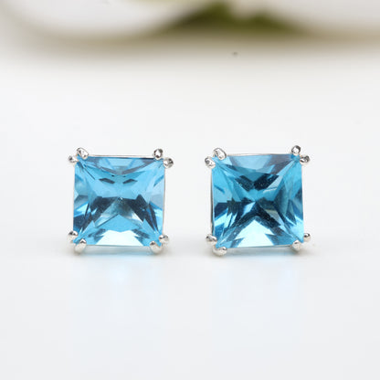 6mm Natural Swiss Blue Topaz Sterling Silver Square Stud Earrings - December Birthstone