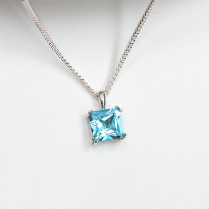 6mm Natural Swiss Blue Topaz 925 Square Sterling Silver Pendant Necklace - December Birthstone