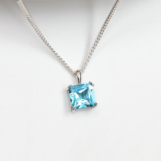 6mm Natural Swiss Blue Topaz 925 Square Sterling Silver Pendant Necklace - December Birthstone