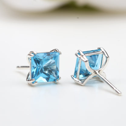 6mm Natural Swiss Blue Topaz Sterling Silver Square Stud Earrings - December Birthstone