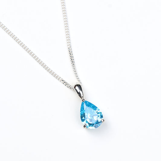 10x7mm Natural Swiss Blue Topaz Teardrop Sterling Silver Pendant Necklace - November Birthstone