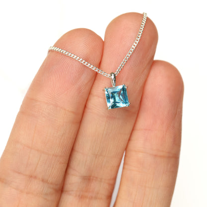 6mm Natural Swiss Blue Topaz 925 Square Sterling Silver Pendant Necklace - December Birthstone
