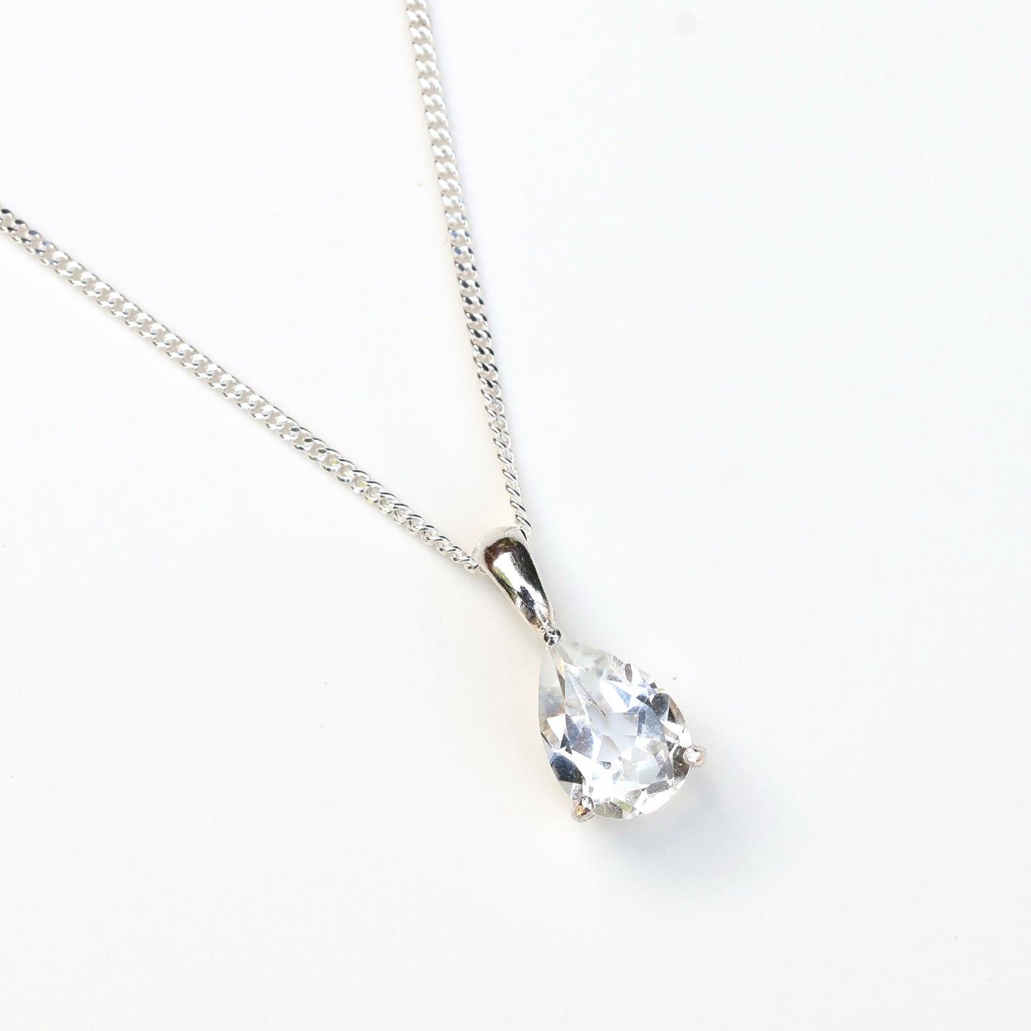 10x7mm Natural White Topaz Teardrop Sterling Silver Pendant Necklace - April Birthstone