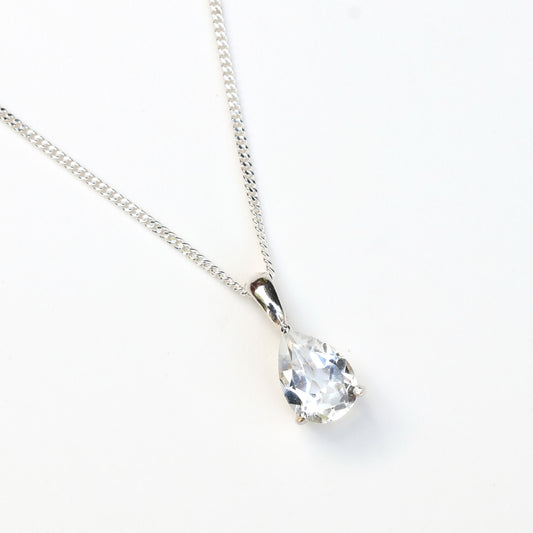 10x7mm Natural White Topaz Teardrop Sterling Silver Pendant Necklace - April Birthstone