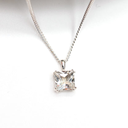 6mm Natural White Topaz Square 925 Sterling Silver Pendant Necklace - April Birthstone