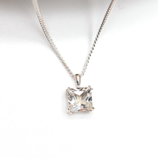 6mm Natural White Topaz Square 925 Sterling Silver Pendant Necklace - April Birthstone
