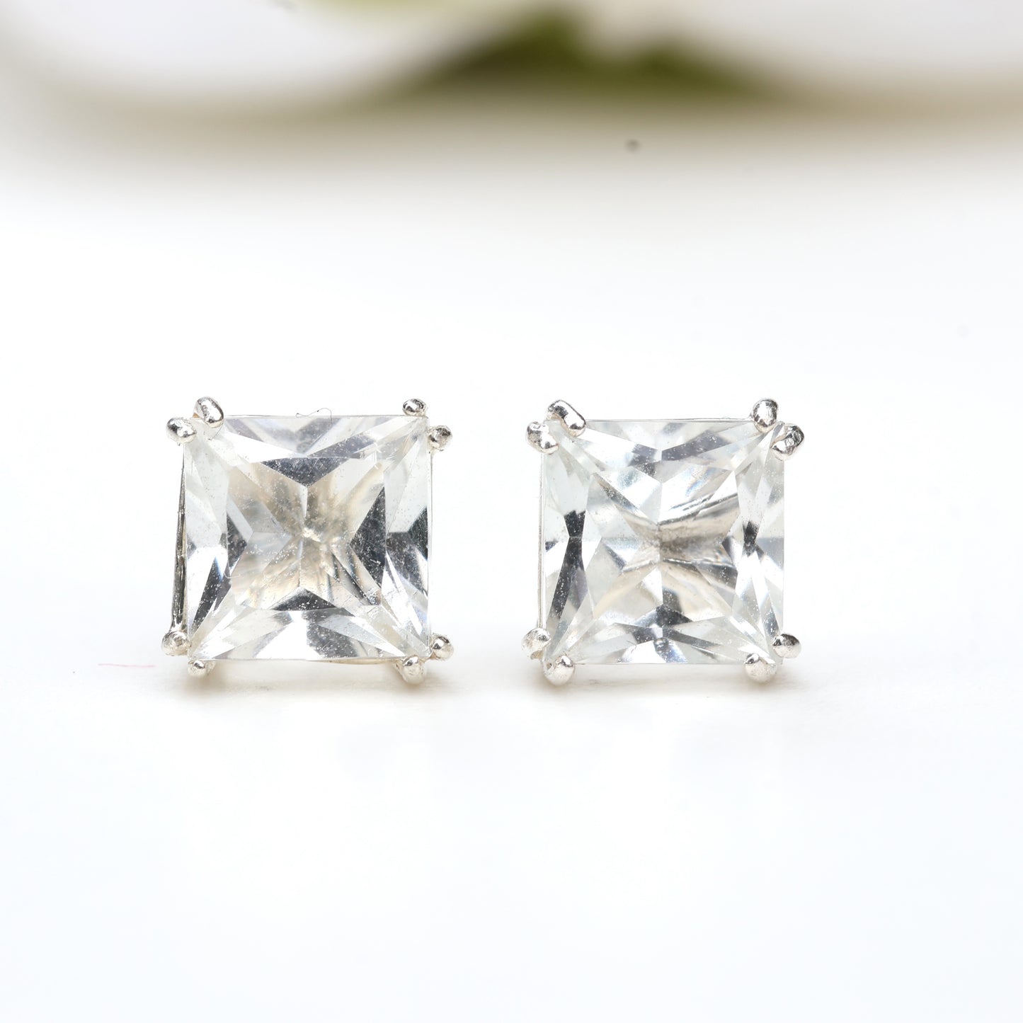 6mm Natural White Topaz Sterling Silver Square Stud Earrings - April Birthstone