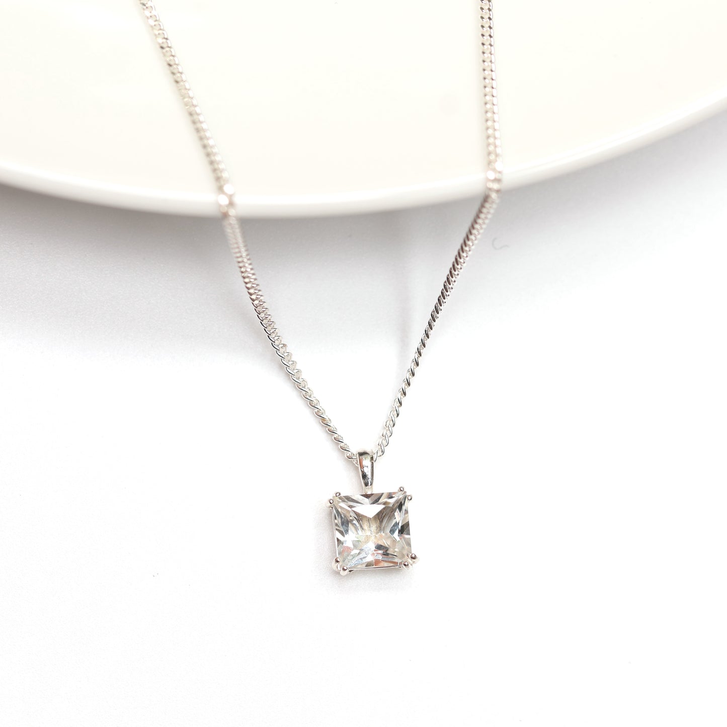 6mm Natural White Topaz Square 925 Sterling Silver Pendant Necklace - April Birthstone