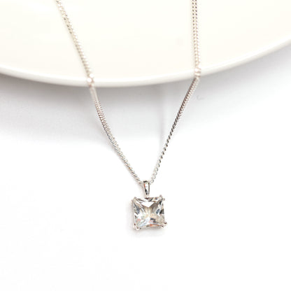 6mm Natural White Topaz Square 925 Sterling Silver Pendant Necklace - April Birthstone