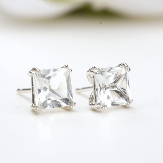 6mm Natural White Topaz Sterling Silver Square Stud Earrings - April Birthstone