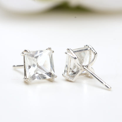 6mm Natural White Topaz Sterling Silver Square Stud Earrings - April Birthstone