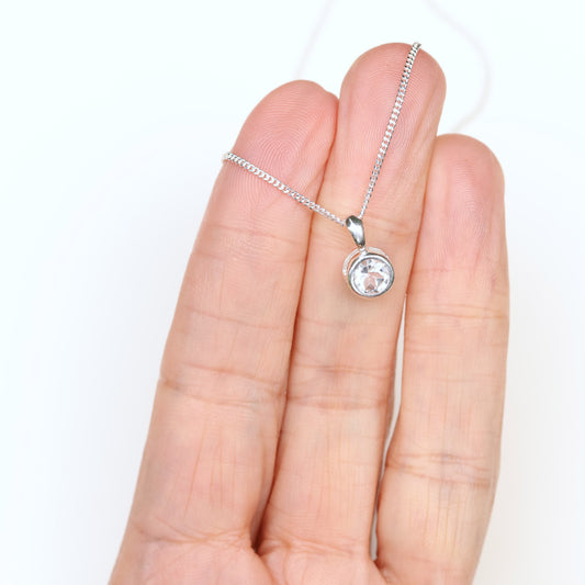 6mm Natural White Topaz Sterling Silver Round Pendant Necklace - April Birthstone