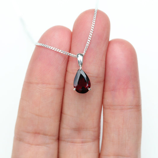 10x7mm Natural Garnet Teardrop Sterling Silver Pendant Necklace - January Birthstone