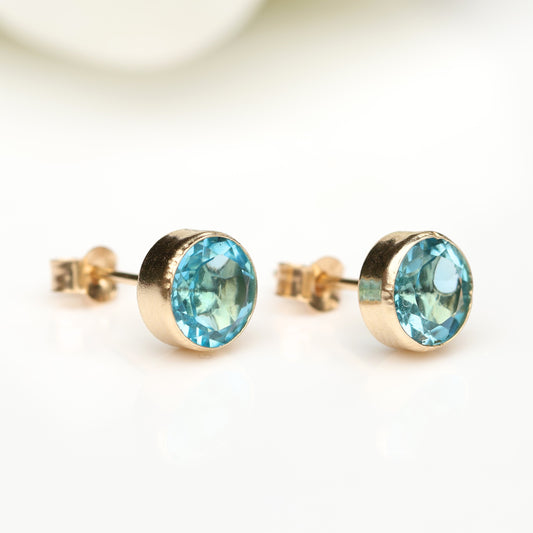 6mm Natural Swiss Blue Topaz 9ct Yellow Gold Round Bezel Stud Earrings - December Birthstone